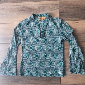 Tory Burch Kelly Green and Navy Geometric Sequin Tunic Blouse